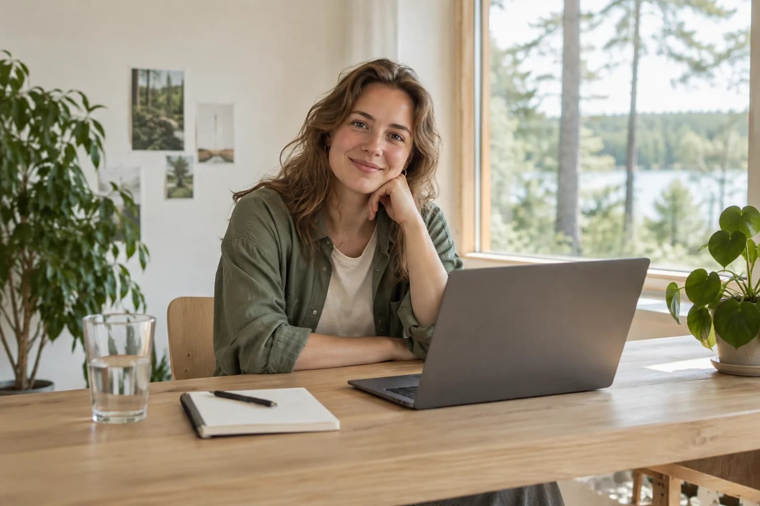 Hymyilevä nuori yrittäjä kannettavan tietokoneen äärellä valoisassa työtilassa.